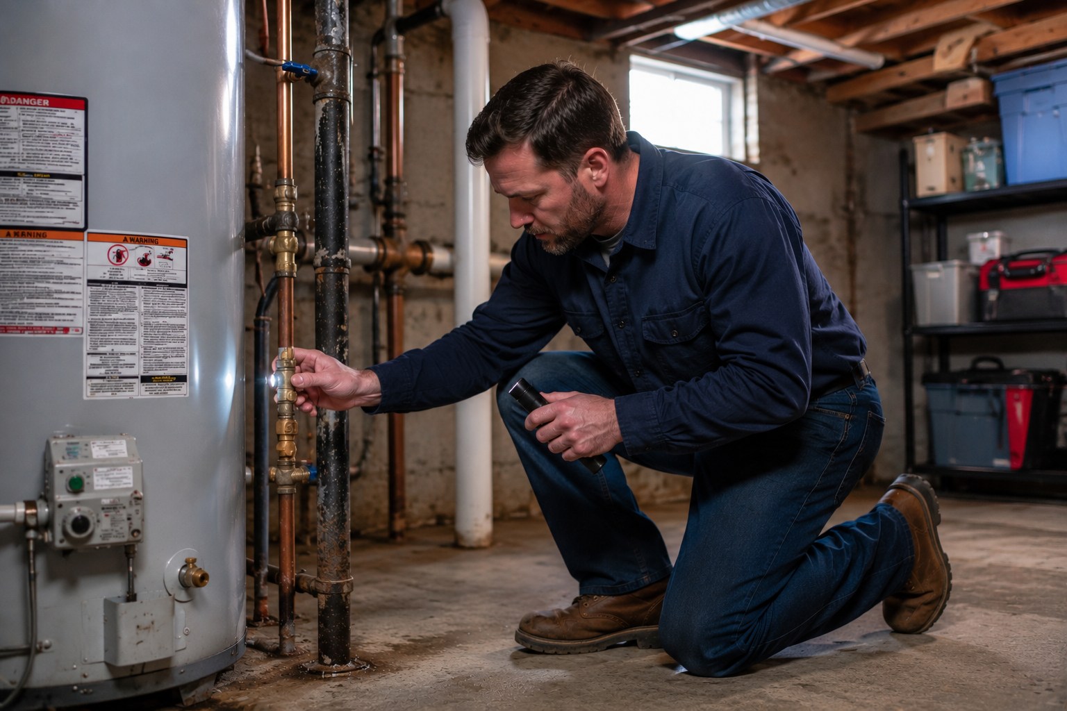 technician fixing a boiler