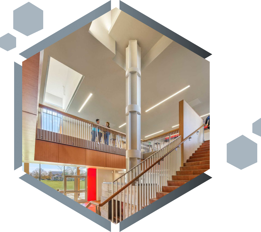 hexagon image with stairs and two people